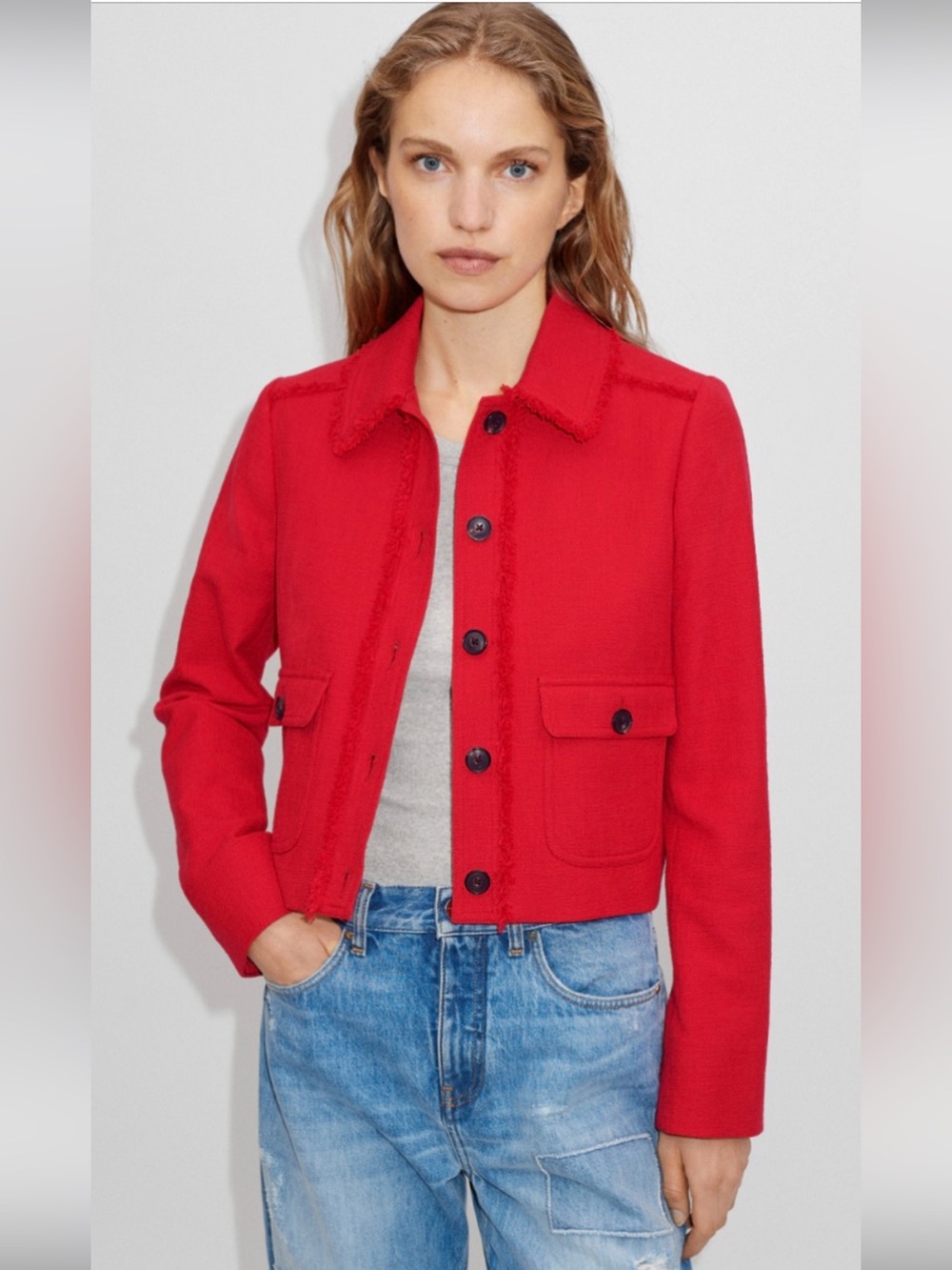 ME+EM 2 Red Tweed Blazer Crop Bomber Jacket LN Cotton Fringe Trim Coord